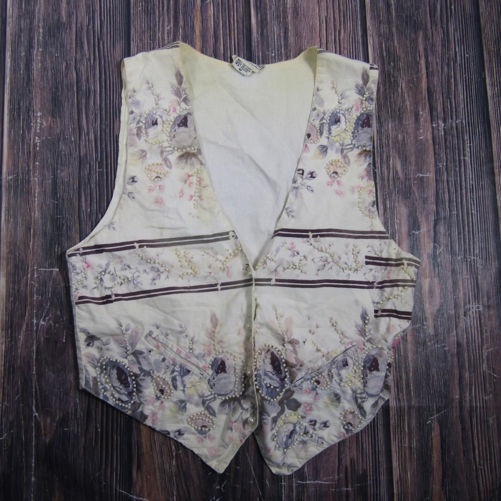 Fashion Passport Vest Womens M Multicolor Floral Beaded Open Pockets Tie Back